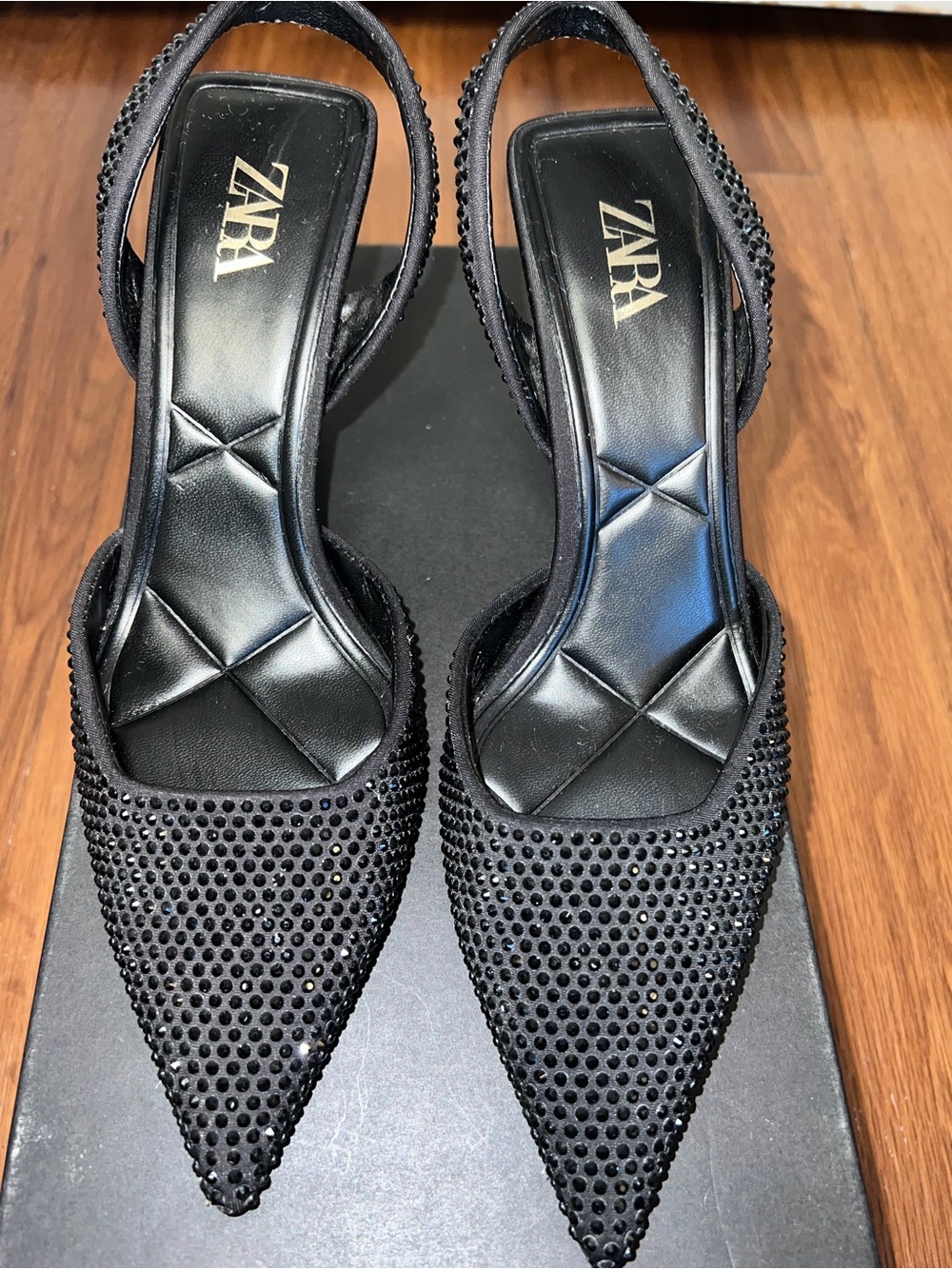 Zara Black Crystal-Studded Pointed Slingback Heels